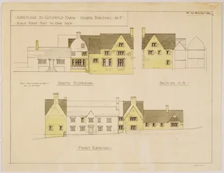 Erweiterungen der Cotswold Farm: Süd- und Vorderansichten, ca. 1925
